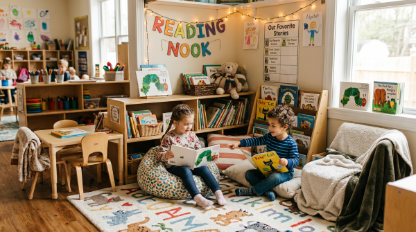 Two children sitting on cushions in a classroom reading nook with children's books around