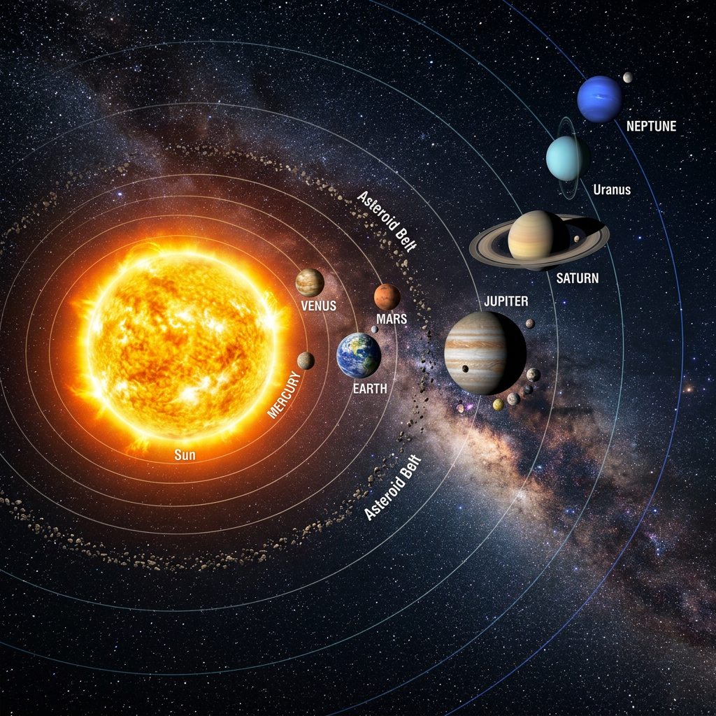 Diagram of the solar system showing the Sun, Mercury, Venus, Earth, Mars, asteroid belt, Jupiter, Saturn, Uranus, and Neptune