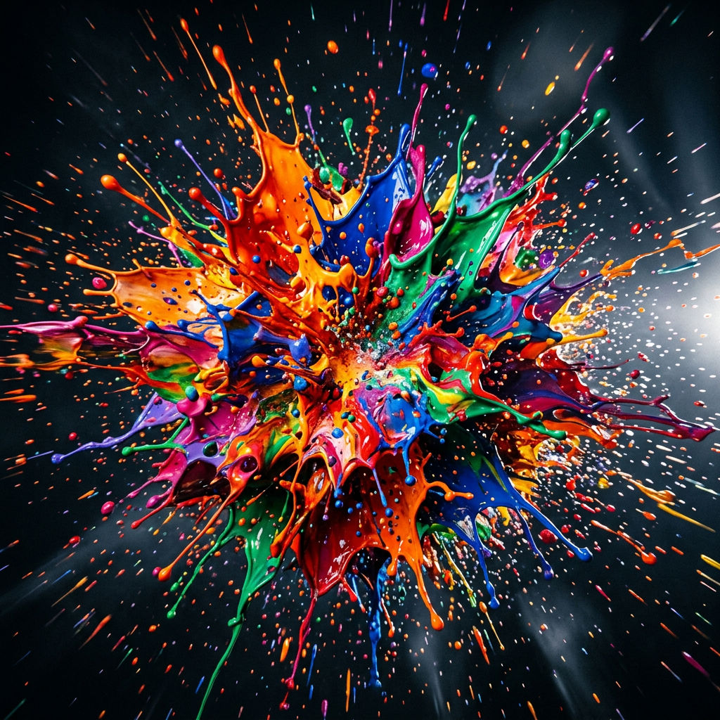 Explosion of bright multicolored paint splashes against a dark background
