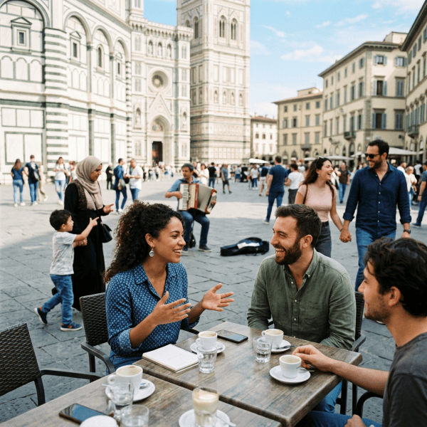 Friends drinking coffee in Florence’s Piazza del Duomo