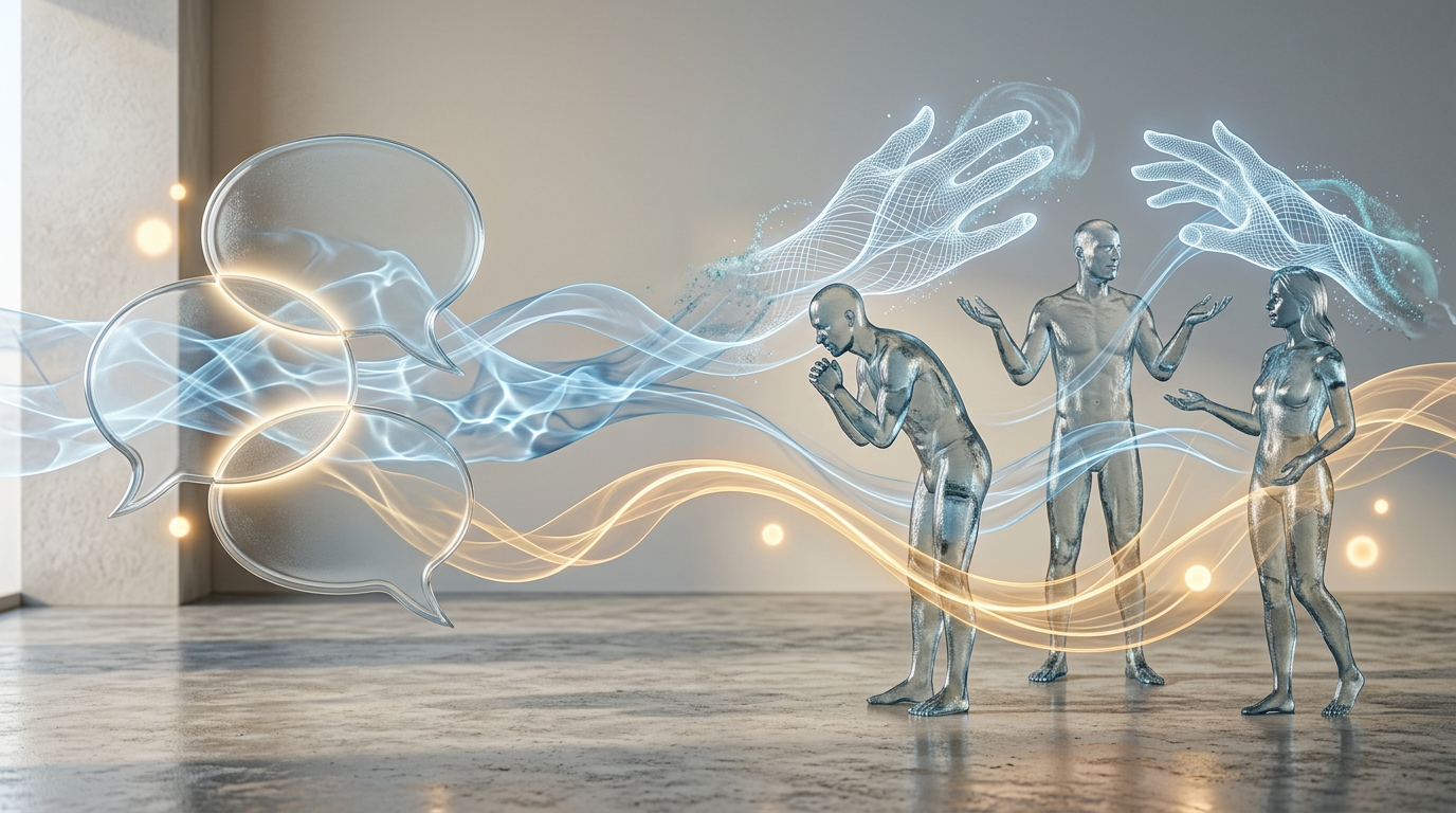 Three people connected by speech bubbles and flowing lines