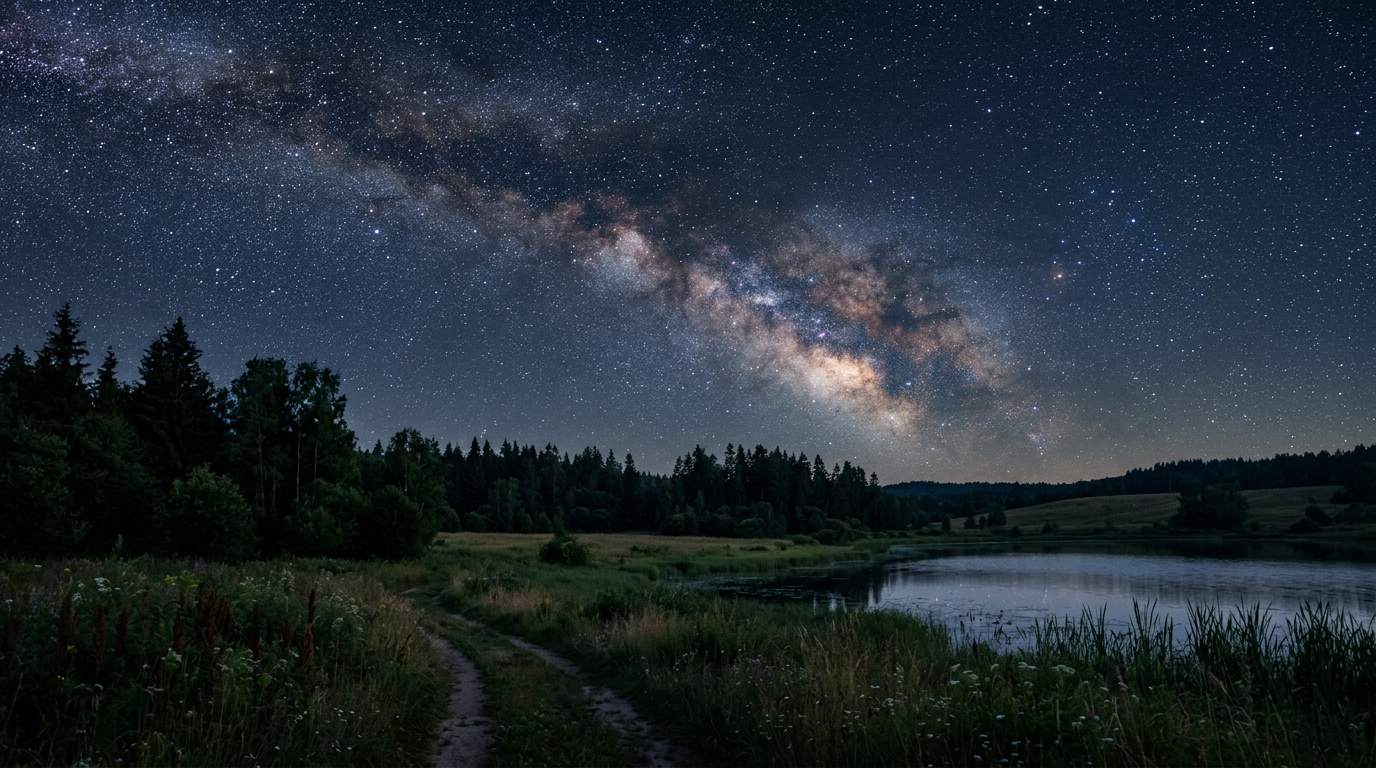 Milky Way over a lake, meadow, and dark forest landscape