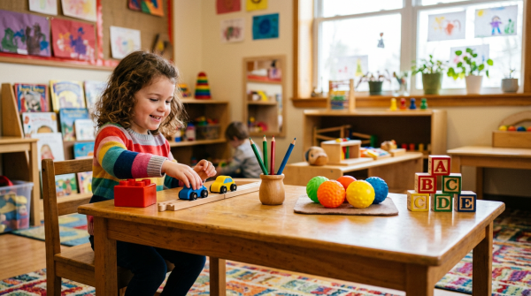 Child playing with toy cars at a preschool classroom table