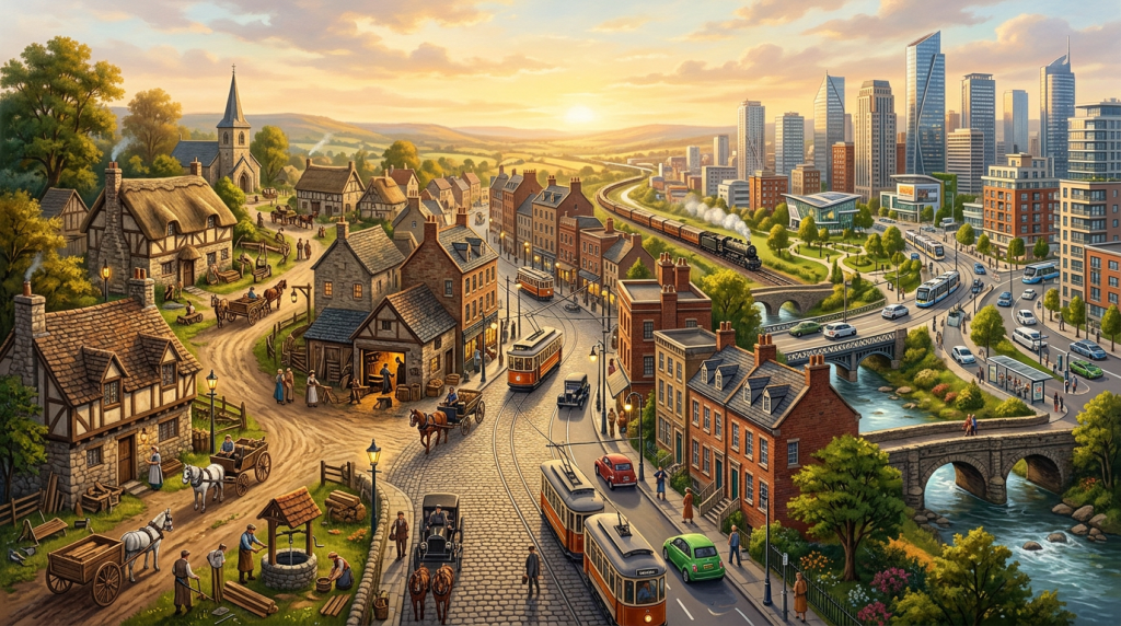 Historic village transitions into a modern city with trams, trains, roads, and bridges