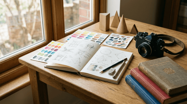 Sketchbook and art tools arranged for visual analysis