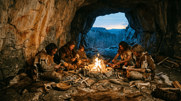 Prehistoric family preparing food around a fire inside a cave