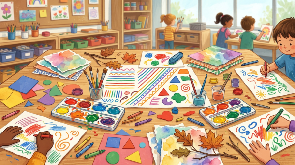Children creating colorful artwork at a busy classroom art table