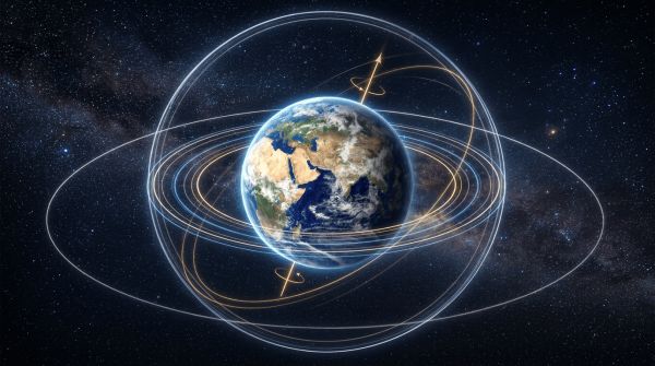 Earth surrounded by glowing orbital paths against a star-filled space background