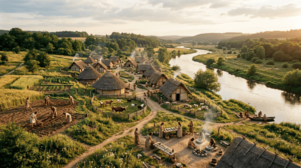 Historic riverside village with thatched homes, fields, livestock, and people working