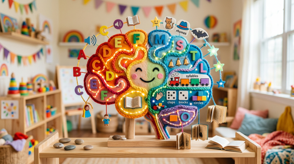 Colorful felt brain teaching letters, rhymes, syllables, claps, blocks, and circles