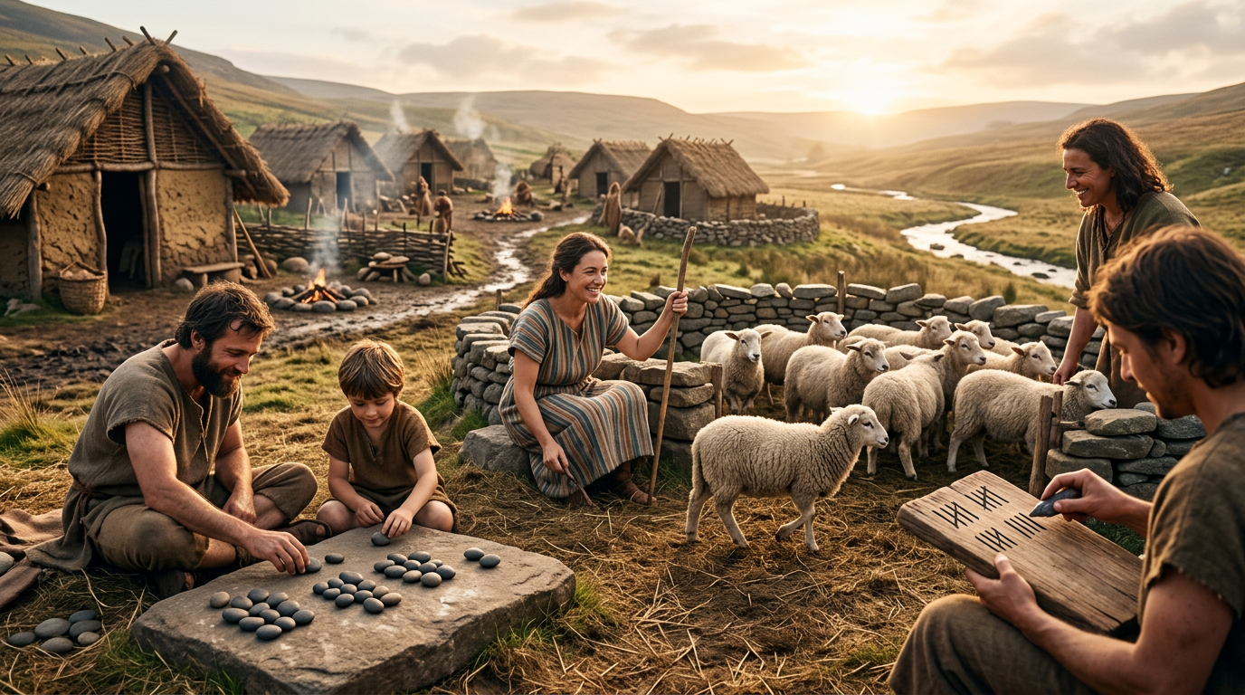 Ancient people counting grouped objects outdoors