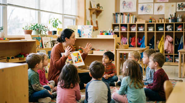 Teacher reading an illustrated book to children seated in a preschool classroom