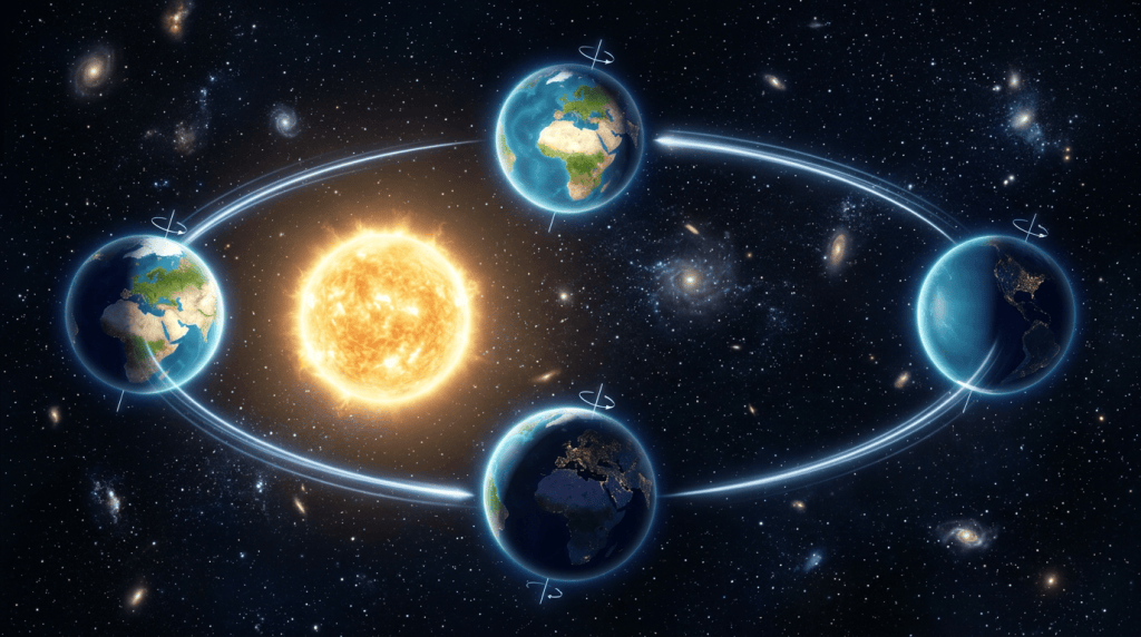 Diagram showing four Earth positions orbiting the Sun
