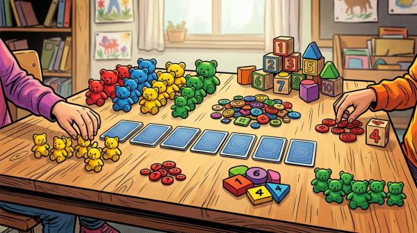 Children sort colorful counting bears, buttons, blocks, and numbered cards on a table