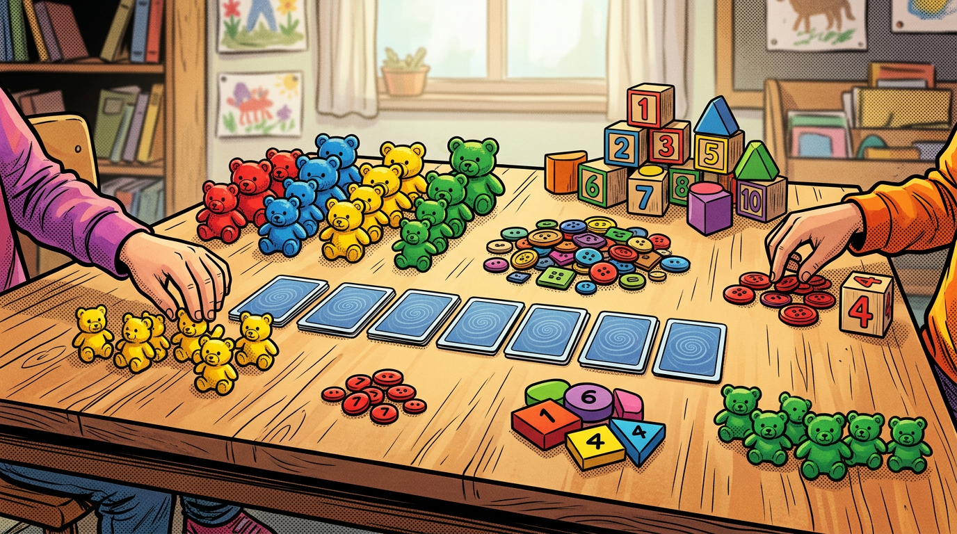 Children sort colorful counting bears, buttons, blocks, and numbered cards on a table