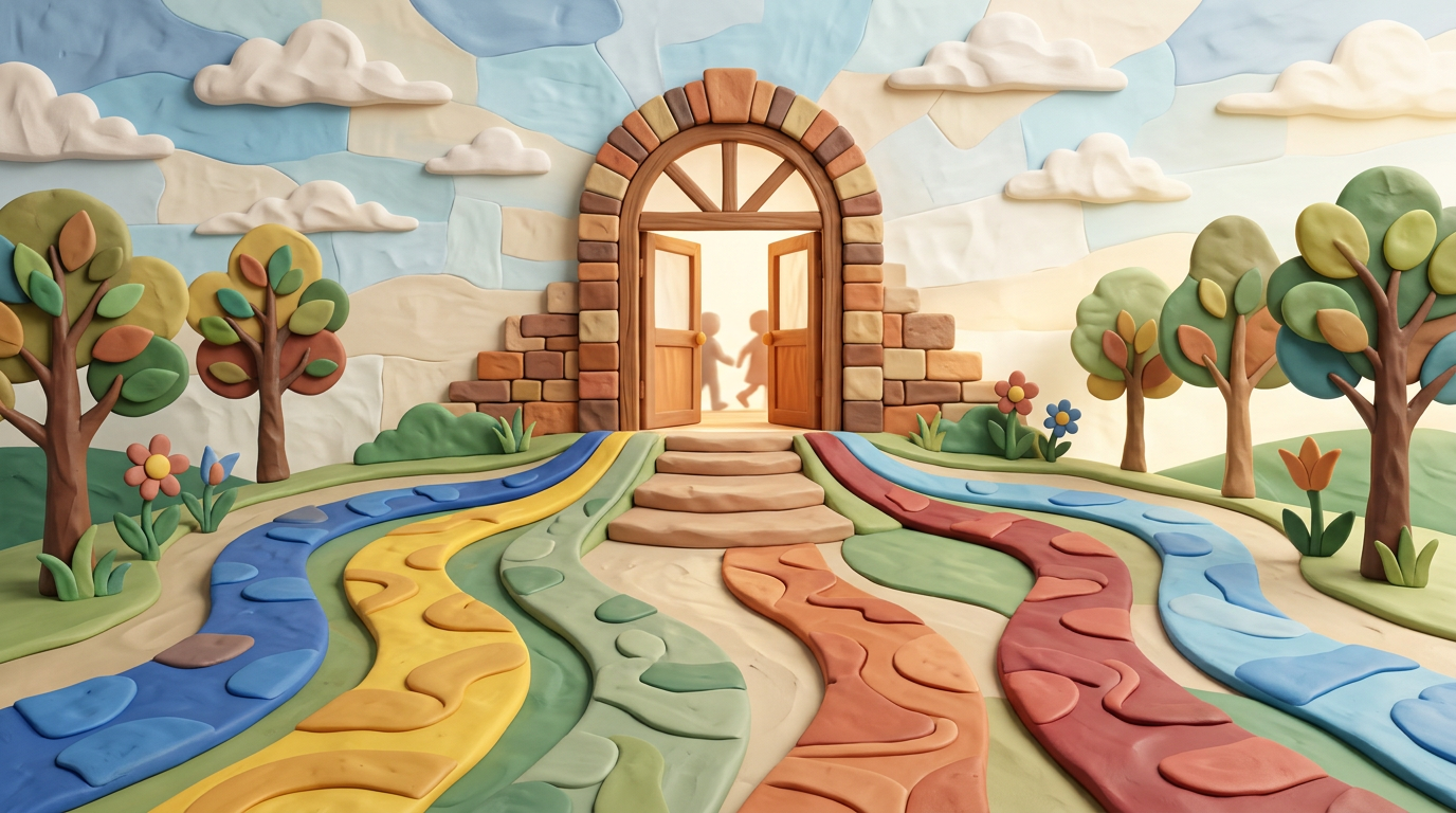 Colorful paths leading to an open stone doorway with two silhouettes