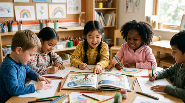 Five children drawing together around a classroom table