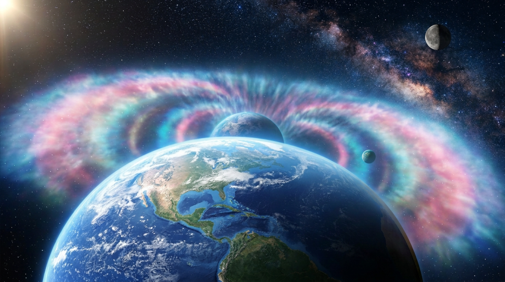 Two satellites orbit Earth above North and South America in space