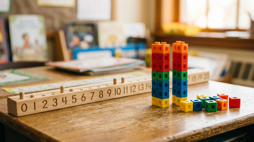 Colorful linking cubes arranged beside a numbered wooden counting board