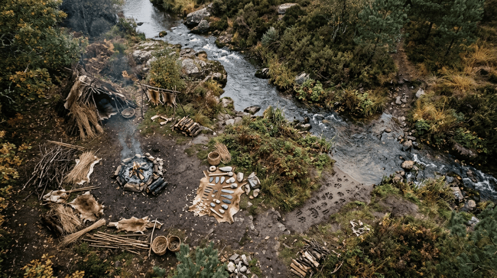 Primitive riverside camp with shelter, fire, tools, hides, and drying meat