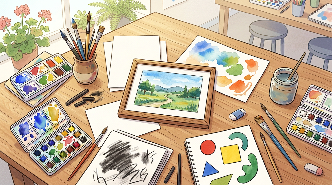 Watercolor painting workspace with framed landscape, palettes, brushes, and sketchbooks